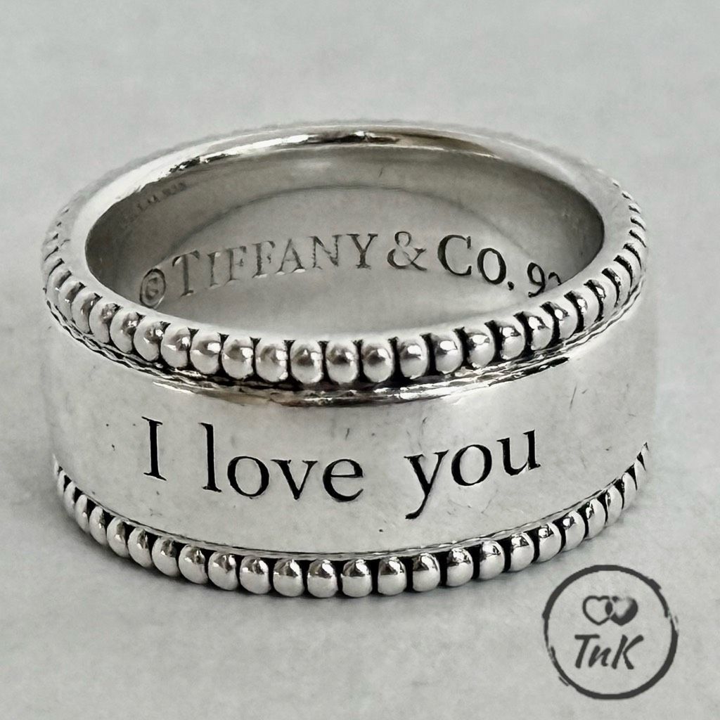 Tiffany I Love You Ring Beaded Milgrain 925 Silver Wide Band - Sz 4